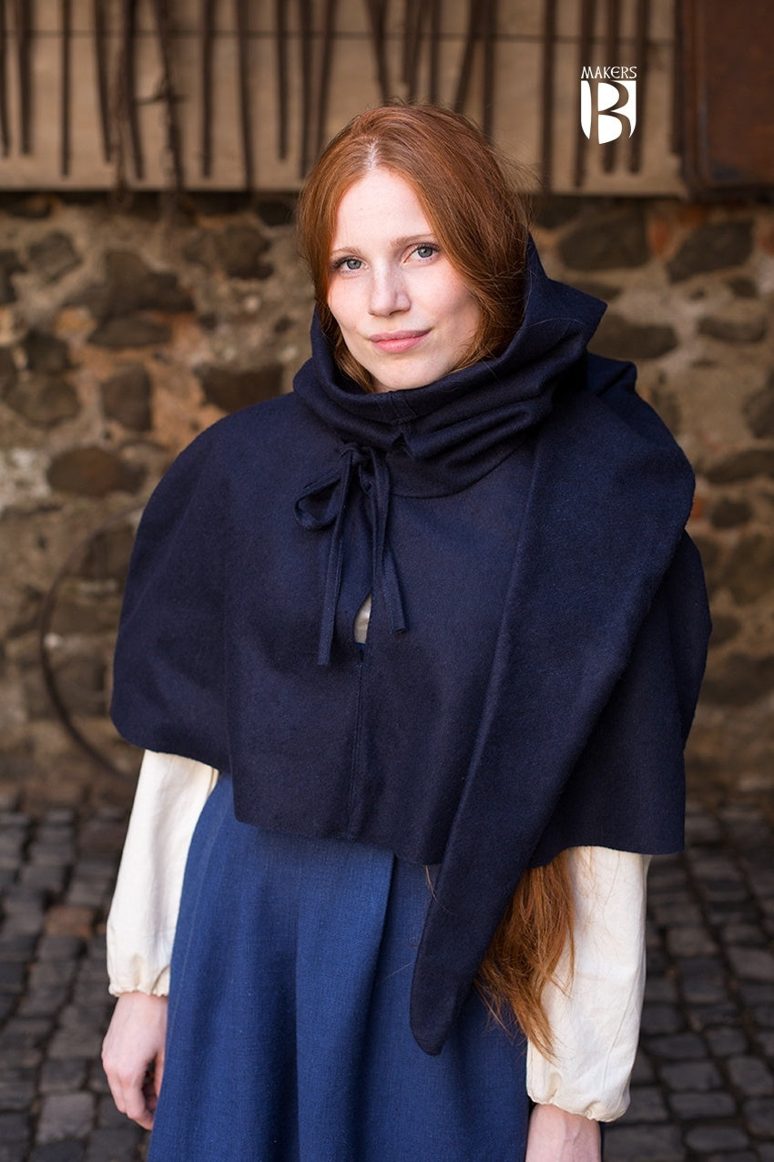 Cowl Curt Dark Blue gugel, featuring a snug fit over shoulders, adjustable neck straps, and a roll-out headpiece for cold weather protection.