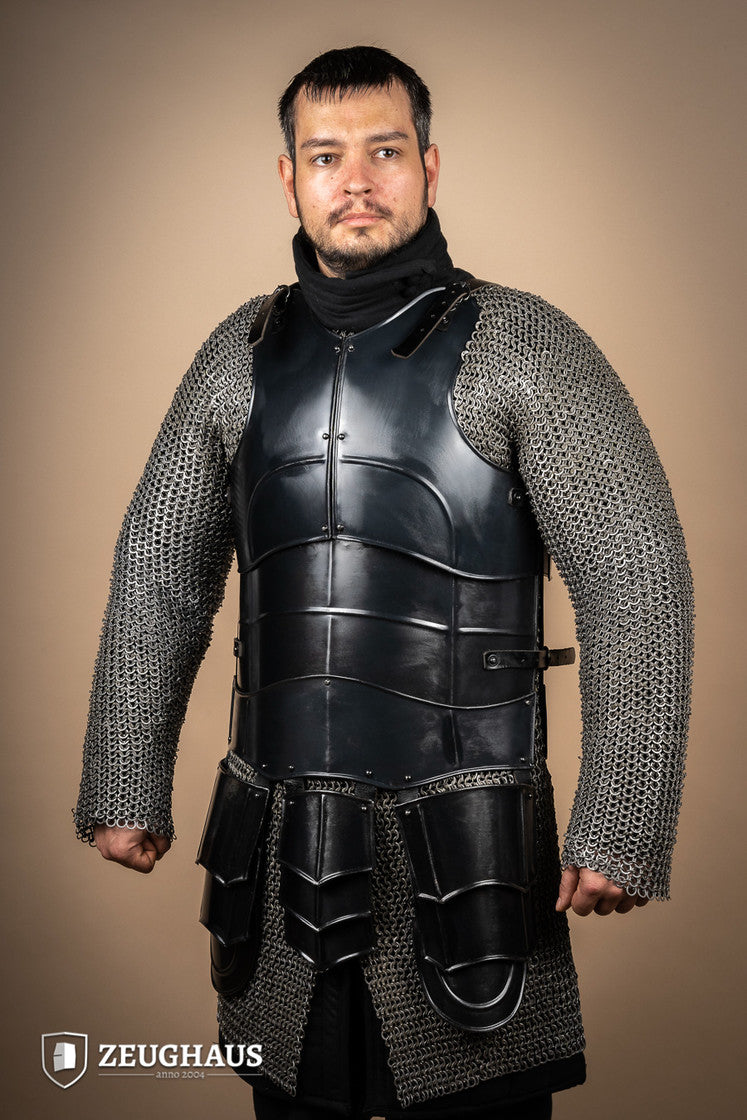 Cuirass Champion Burnished armor featuring a complete breast and back design with leather straps and flanged edges for enhanced safety.