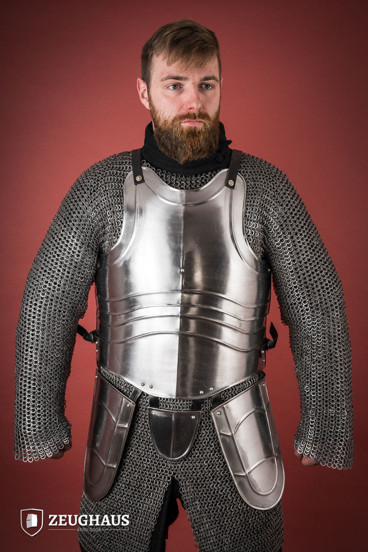 Polished Cuirass Warrior armor featuring tassets, showcasing historical design and sturdy leather straps.