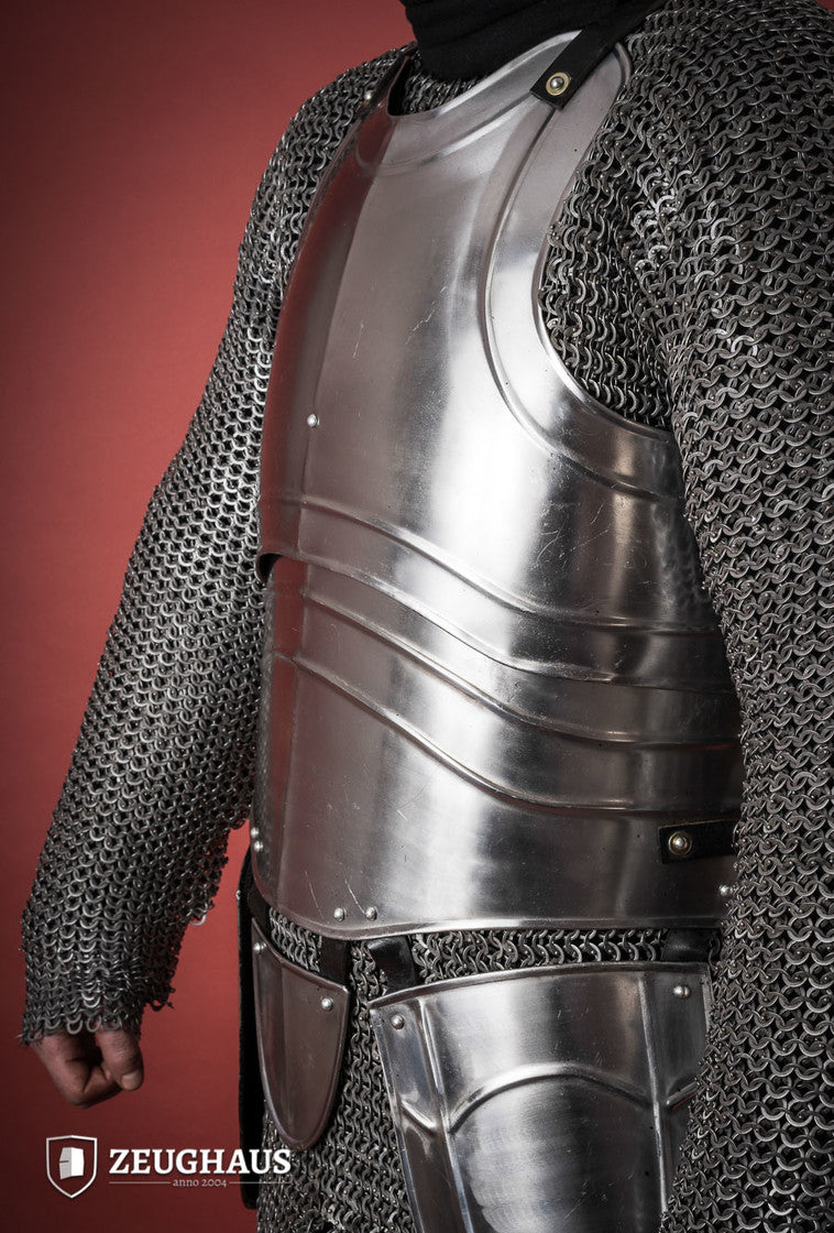 Polished Cuirass Warrior armor featuring tassets, showcasing historical design and sturdy leather straps.