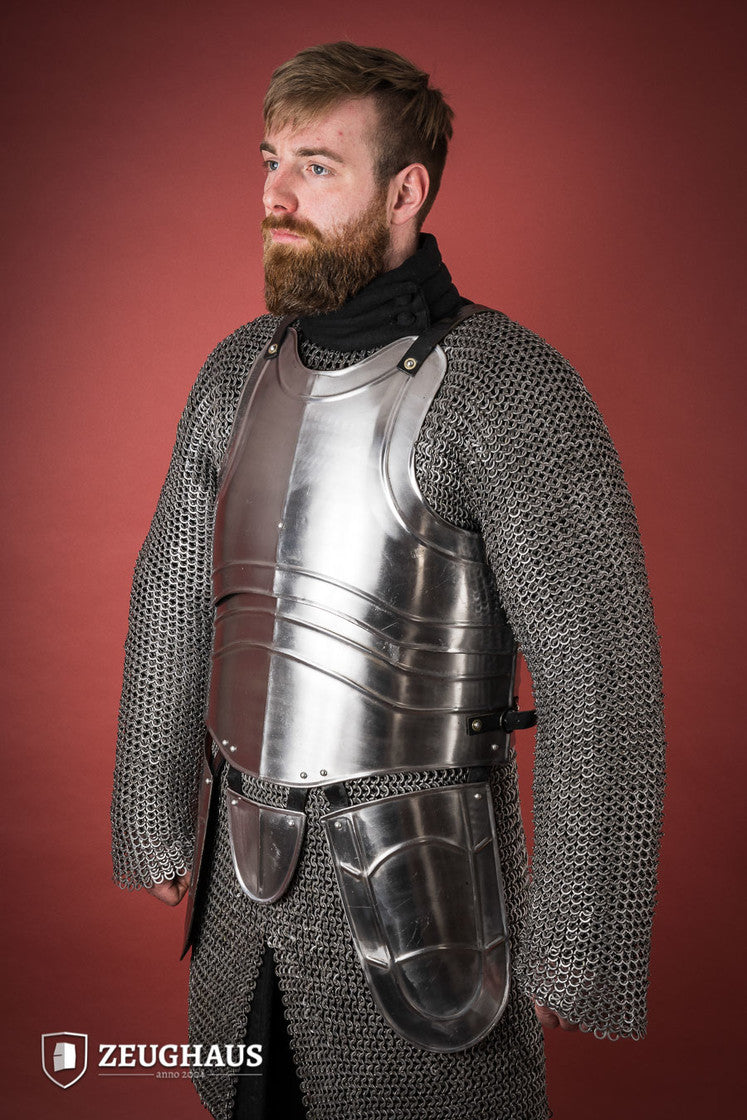 Polished Cuirass Warrior armor featuring tassets, showcasing historical design and sturdy leather straps.