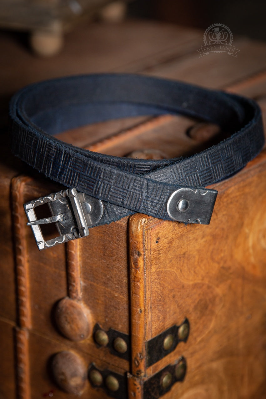 Decorated Belt Anselm Blue featuring intricate leatherwork and a silver-colored buckle, perfect for LARPing and festivals.