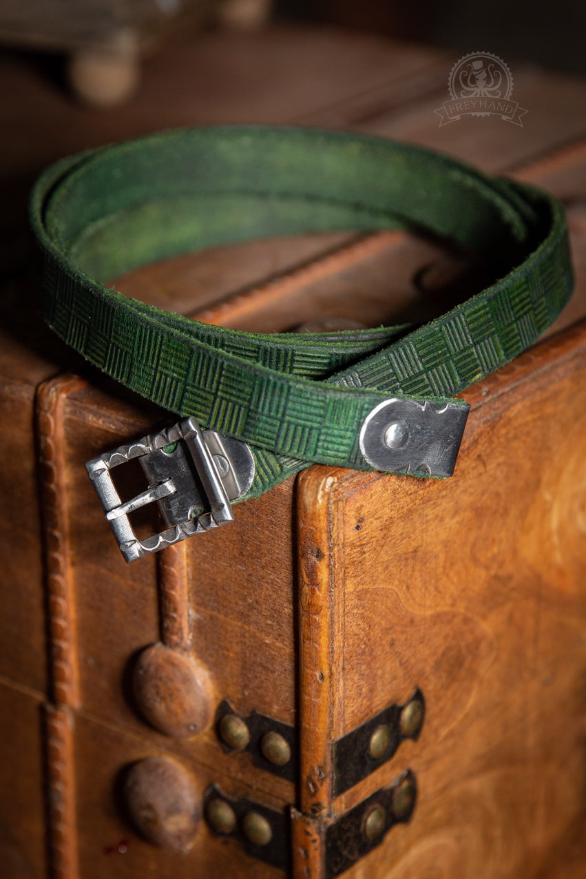 Decorated Belt Anselm Green featuring intricate leatherwork and a silver-colored buckle, ideal for LARPing and festivals.