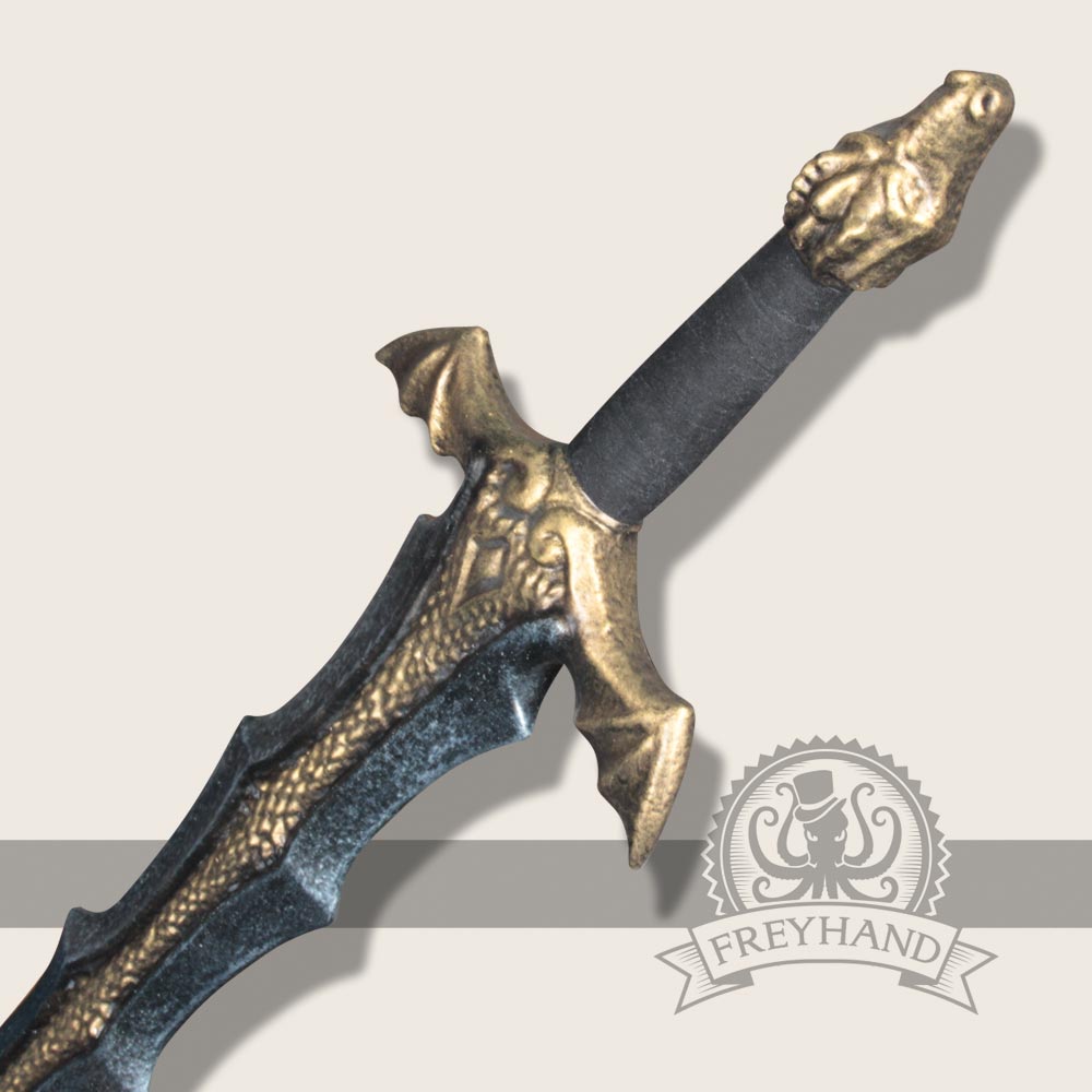 A stunning black and gold dragon sword featuring a wing guard and dragon head pommel, designed for LARP enthusiasts.