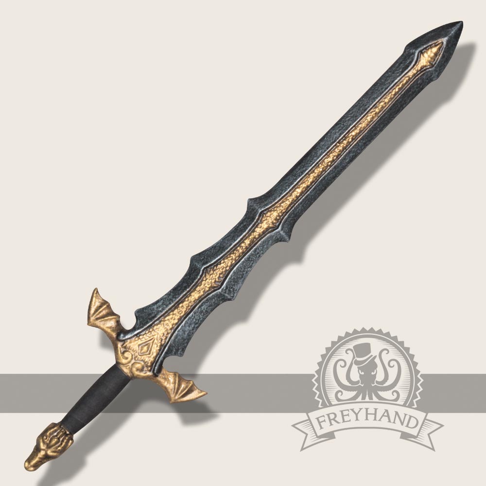 A stunning black and gold dragon sword featuring a wing guard and dragon head pommel, designed for LARP enthusiasts.