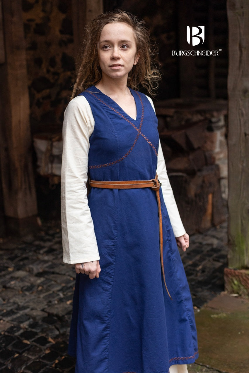 Khara Blue Dress featuring a sleeveless design, V-neckline with embroidery, and adjustable lacing at the back, made from fine cotton.