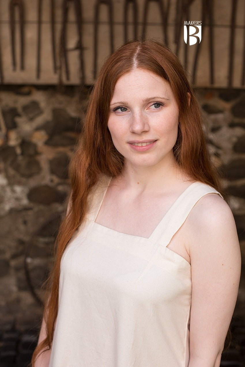 Metta Natural Dress featuring an A-shape cut, ¾ length sleeves, and a pretty neckline, perfect for hot tub relaxation.