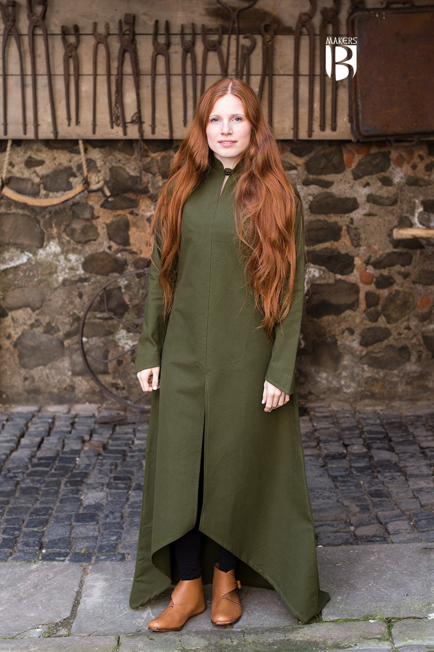 Elegant olive green Dress Ranwen with long sleeves and high collar, showcasing its versatile design and soft cotton fabric.