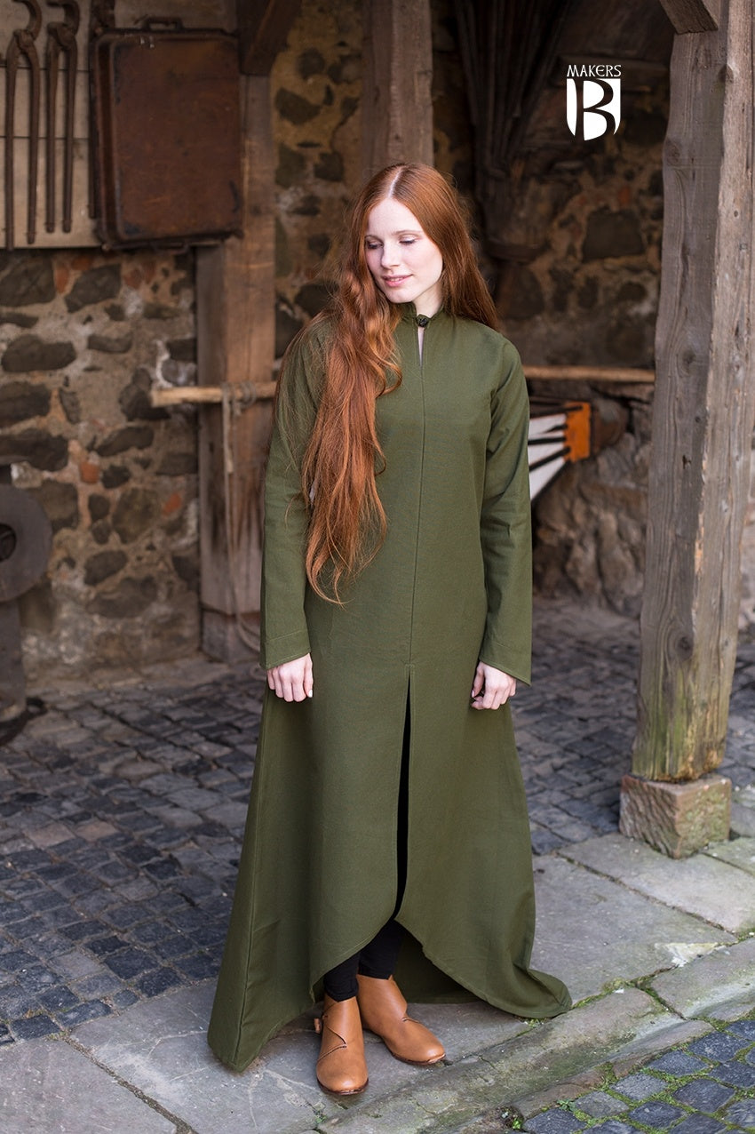 Elegant olive green Dress Ranwen with long sleeves and high collar, showcasing its versatile design and soft cotton fabric.