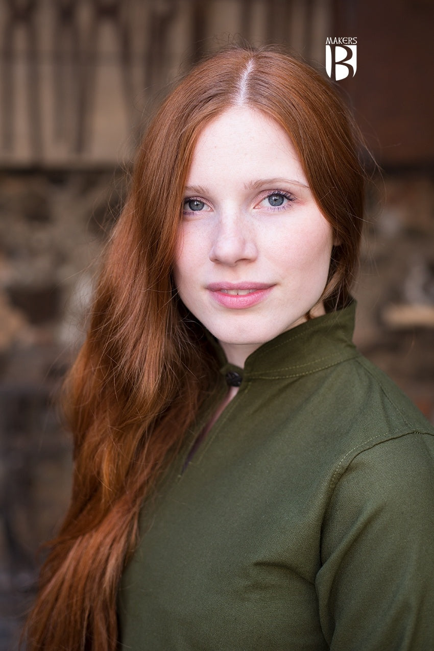 Elegant olive green Dress Ranwen with long sleeves and high collar, showcasing its versatile design and soft cotton fabric.