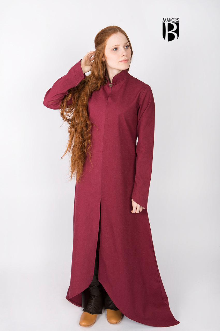 A medieval robe in rich red color featuring a tall stand-up collar and button fastening, designed for elegance and versatility.
