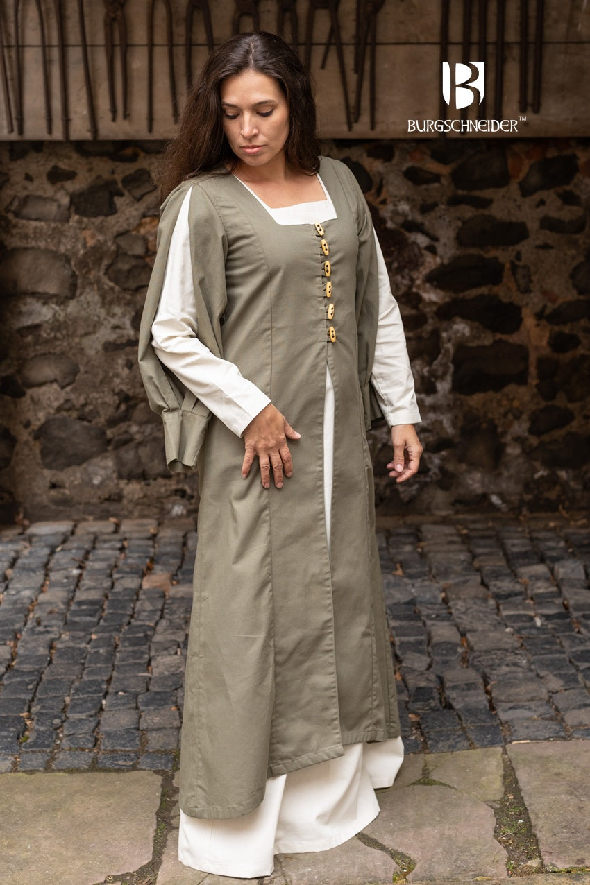 Dress Verena Seaweed featuring a flared bottom, six buttons, slit sleeves, and square neckline in a beautiful seaweed color.