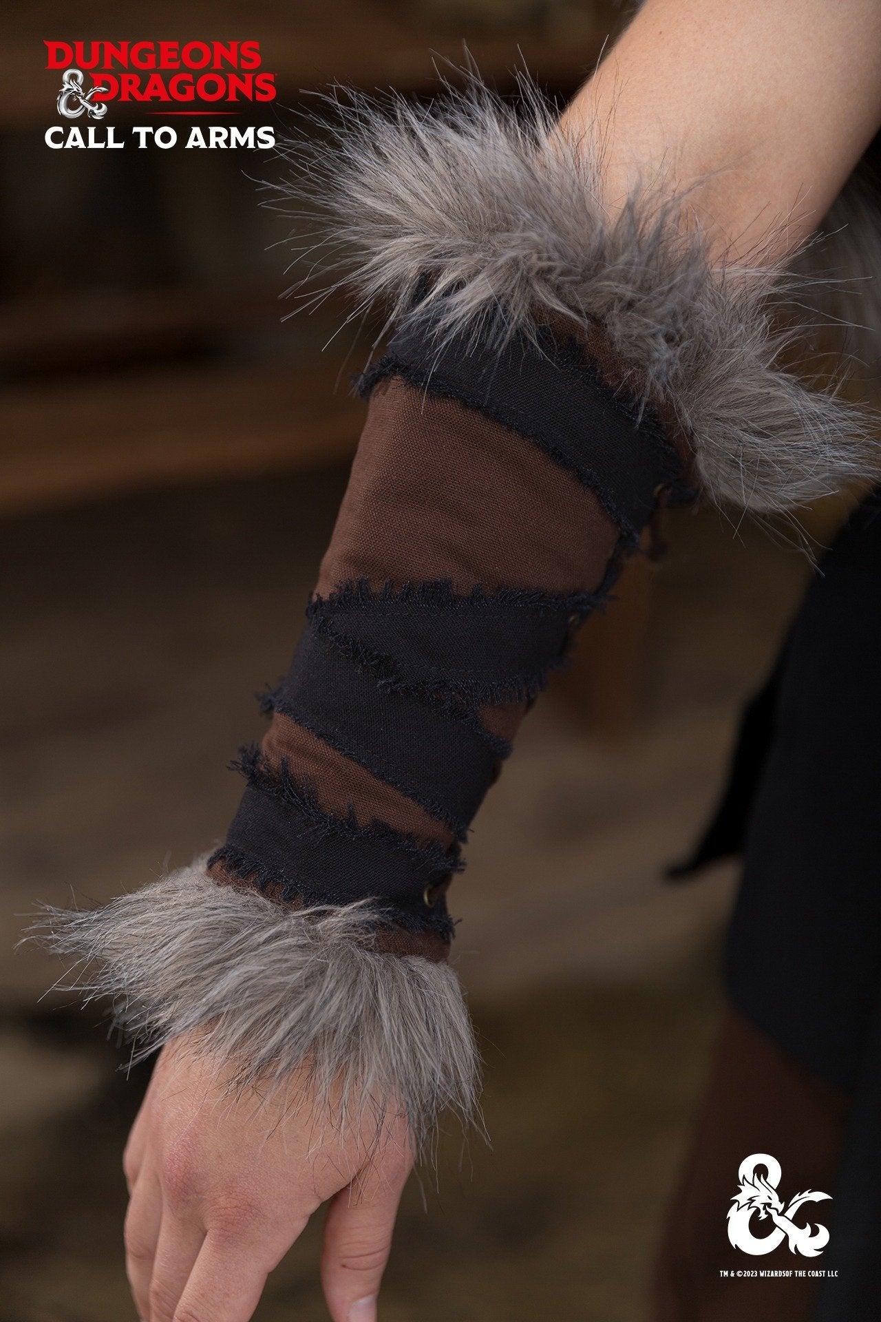 Dungeons & Dragons Barbarian Bracers in brown and black with faux fur accents and frayed edges, showcasing a rugged and fierce design.