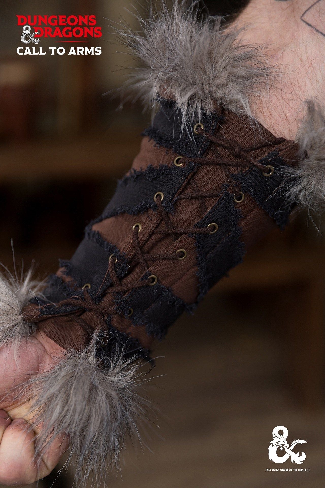Dungeons & Dragons Barbarian Bracers in brown and black with faux fur accents and frayed edges, showcasing a rugged and fierce design.