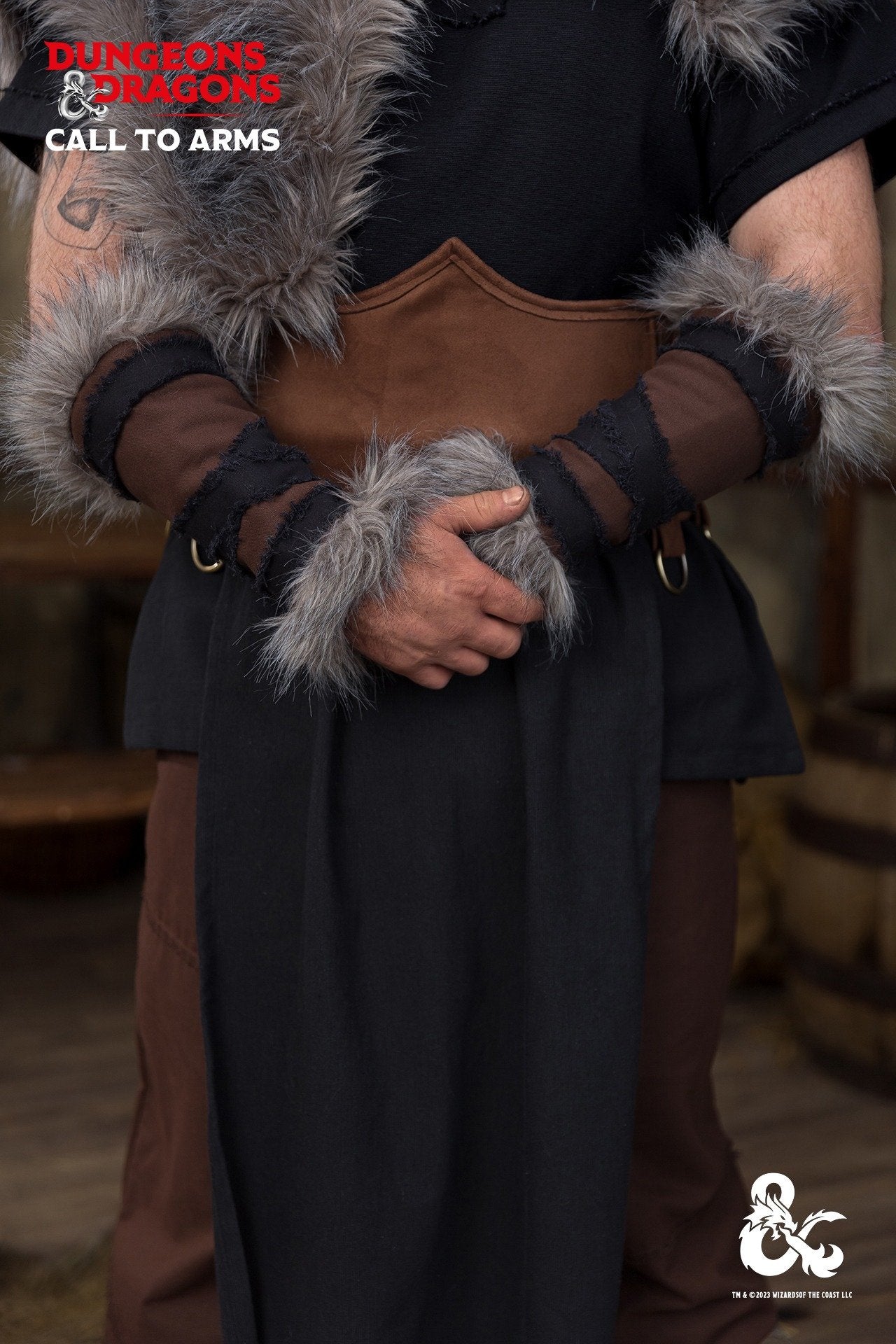 Dungeons & Dragons Barbarian Bracers in brown and black with faux fur accents and frayed edges, showcasing a rugged and fierce design.