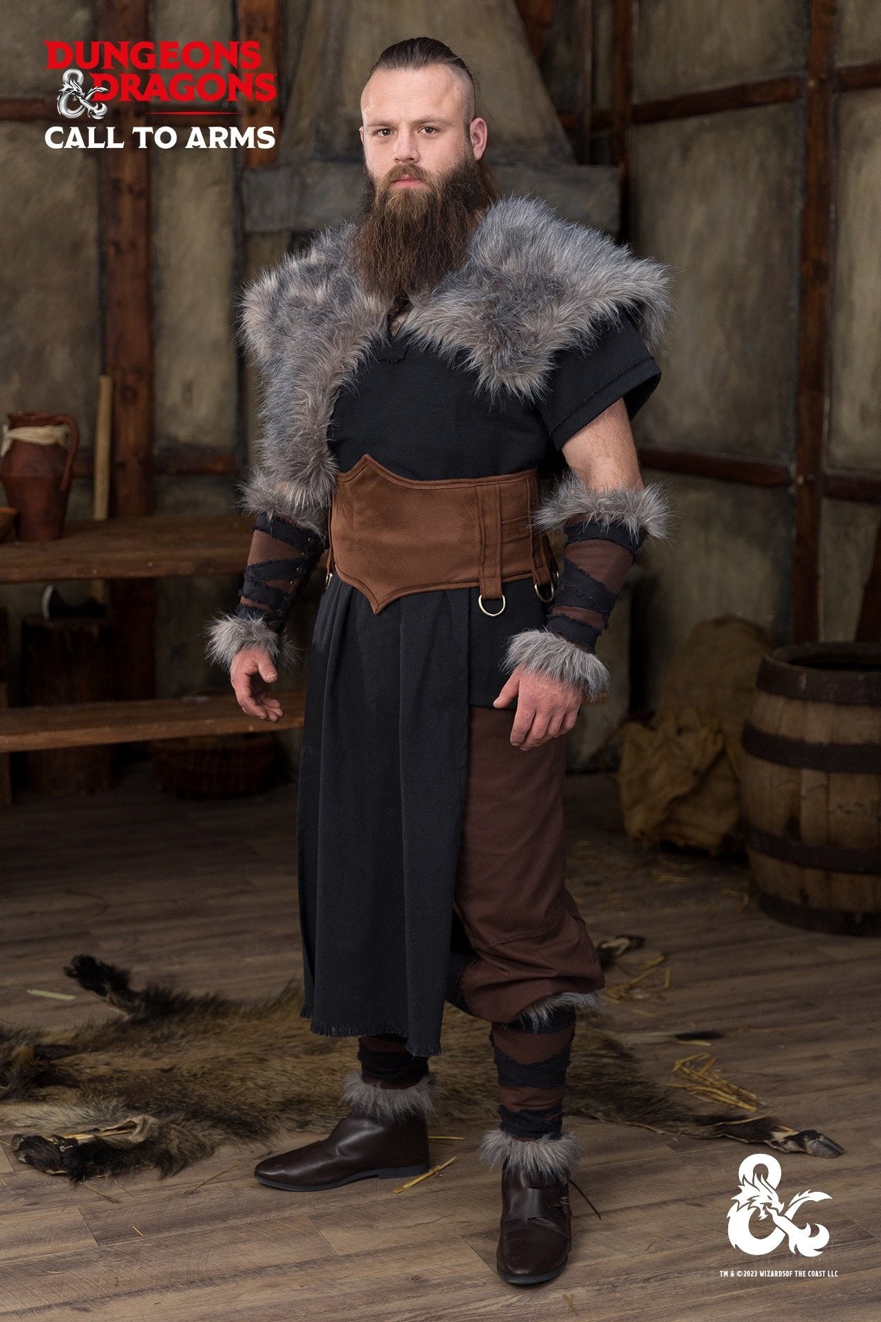 Dungeons & Dragons Barbarian Bracers in brown and black with faux fur accents and frayed edges, showcasing a rugged and fierce design.