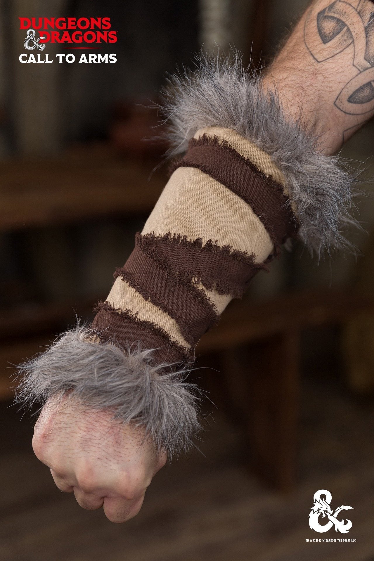 Dungeons & Dragons Barbarian Bracers in hemp and brown with faux fur accents and frayed edges, showcasing a rugged and fierce design.