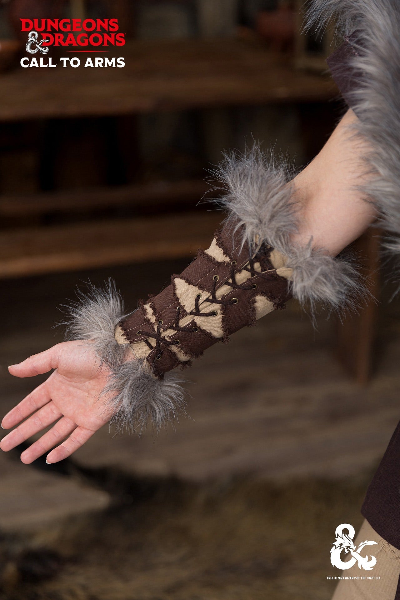 Dungeons & Dragons Barbarian Bracers in hemp and brown with faux fur accents and frayed edges, showcasing a rugged and fierce design.