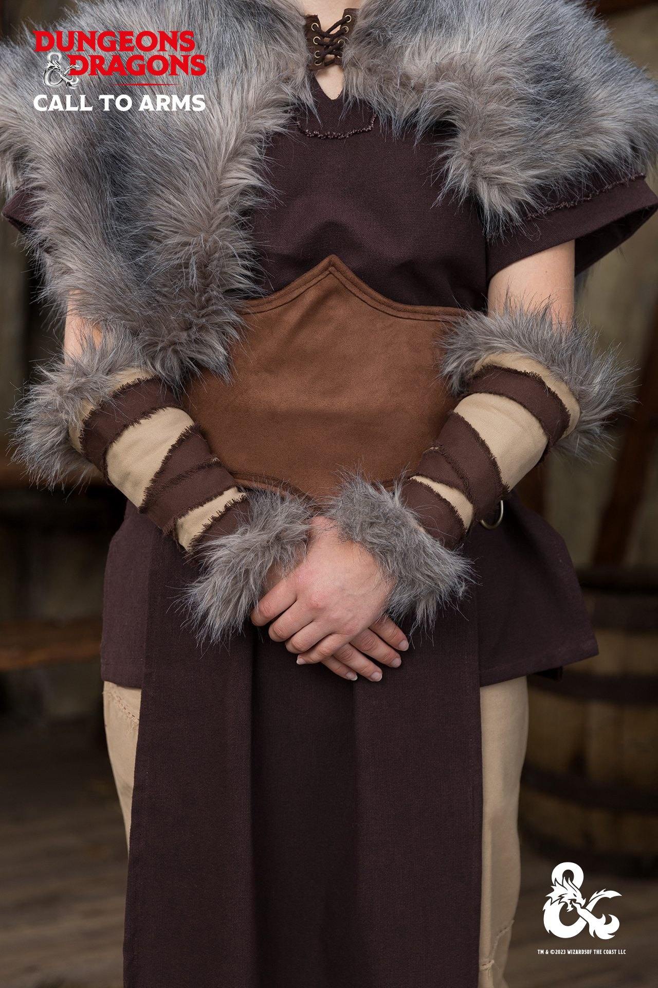 Dungeons & Dragons Barbarian Bracers in hemp and brown with faux fur accents and frayed edges, showcasing a rugged and fierce design.