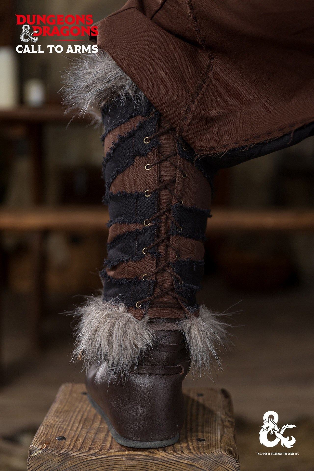 Dungeons & Dragons Barbarian Greaves in Brown and Black, featuring durable cotton and faux fur for a stylish and adventurous look.