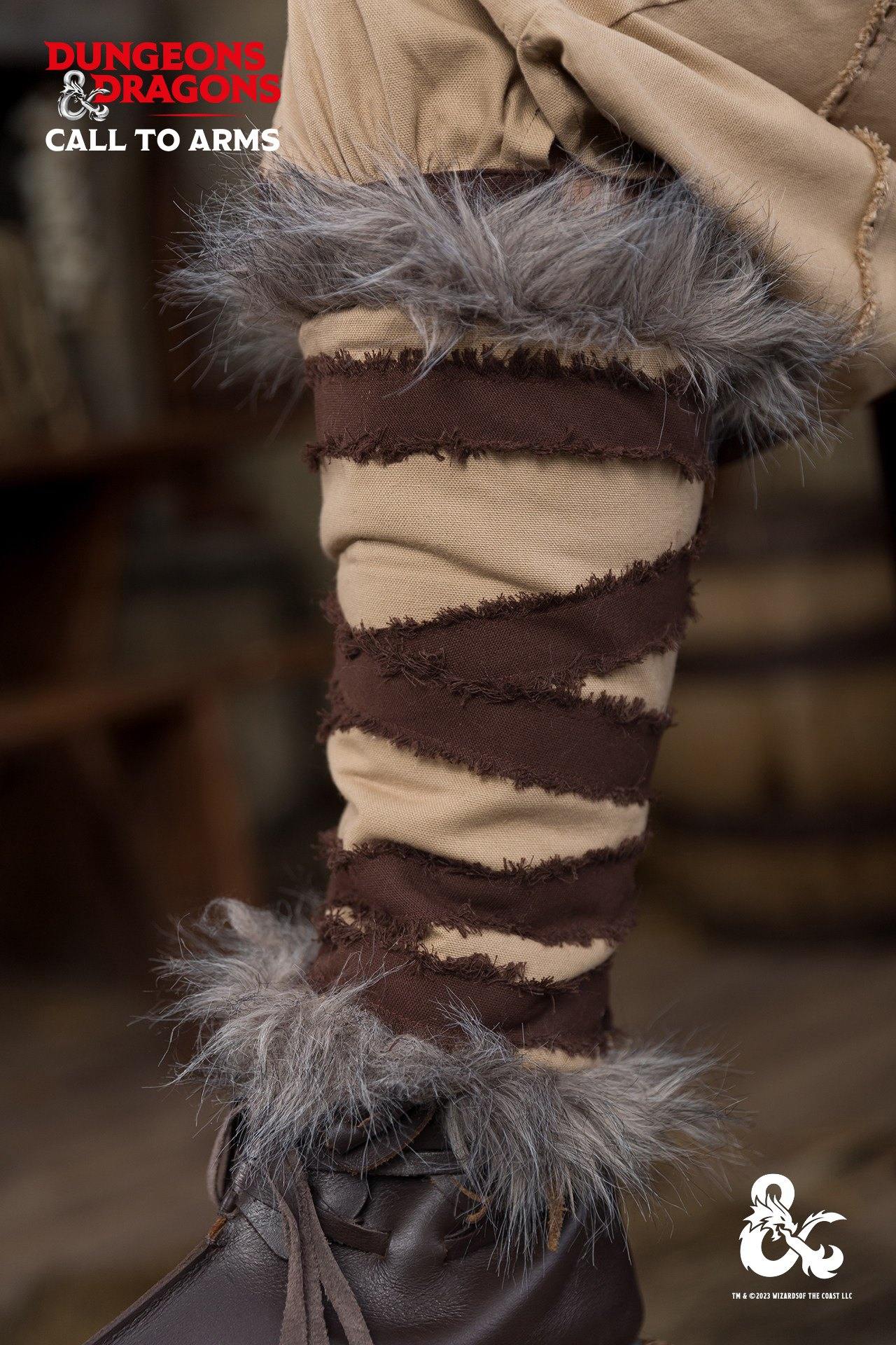 Dungeons & Dragons Barbarian Greaves in hemp and brown, featuring a mix of cotton and faux fur for a rugged look.