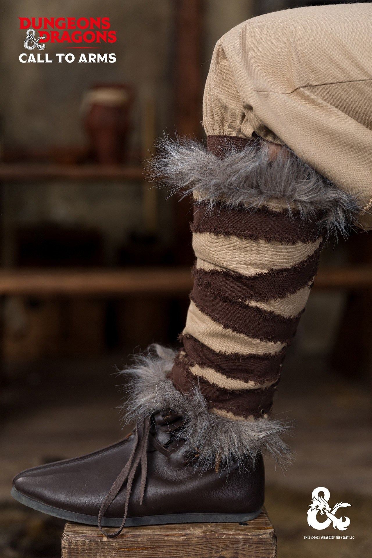 Dungeons & Dragons Barbarian Greaves in hemp and brown, featuring a mix of cotton and faux fur for a rugged look.