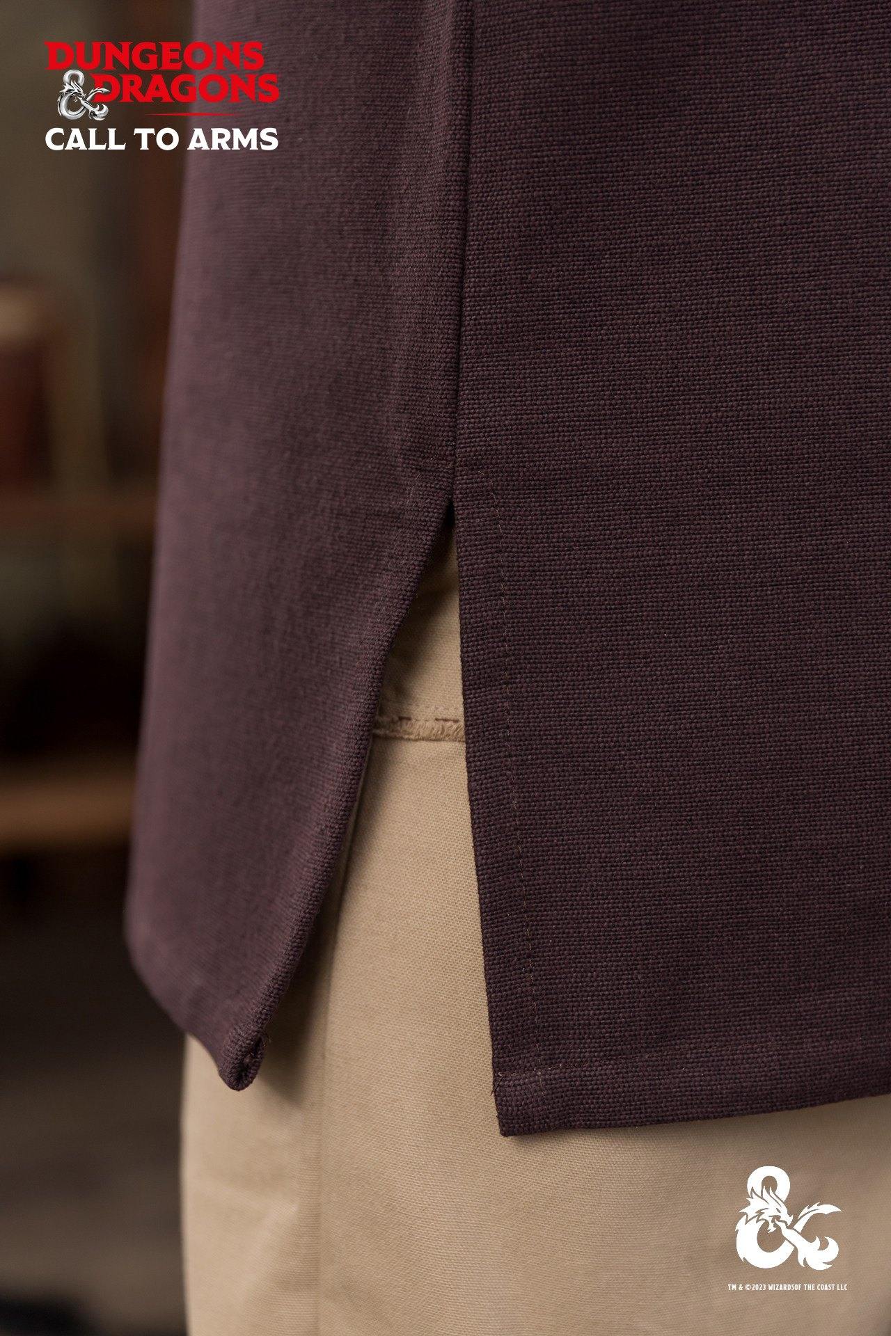 Brown Dungeons & Dragons Barbarian Shirt with short sleeves and V-neck, featuring unique bias cut trim and frayed edges.