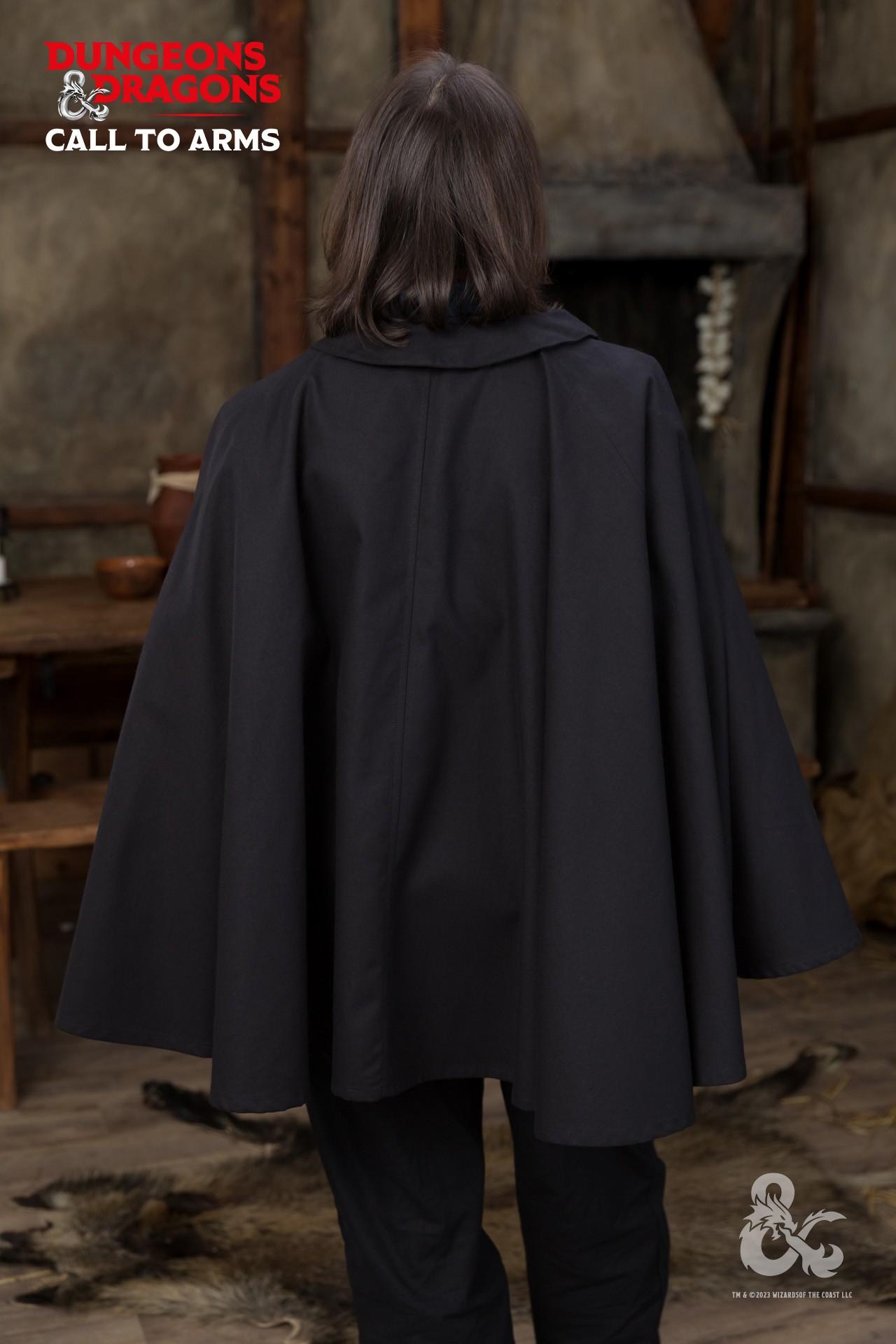 Dungeons & Dragons Bard Cape in black with a turn-down collar and drawstring neckline, perfect for performers and cosplay.