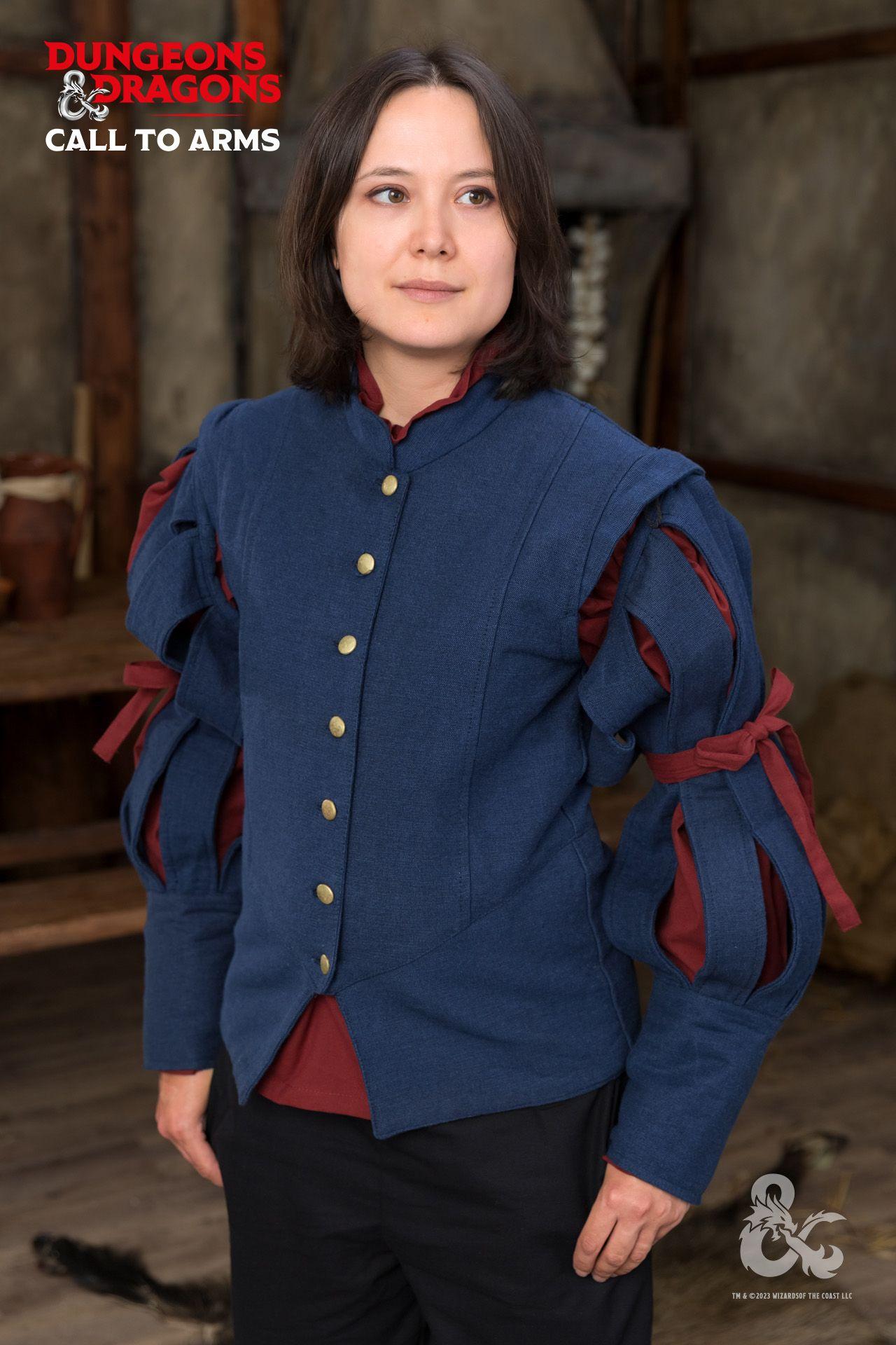 Dungeons & Dragons Bard Jerkin in blue with stand-up collar and slitted sleeves, showcasing dramatic flair and sophistication.