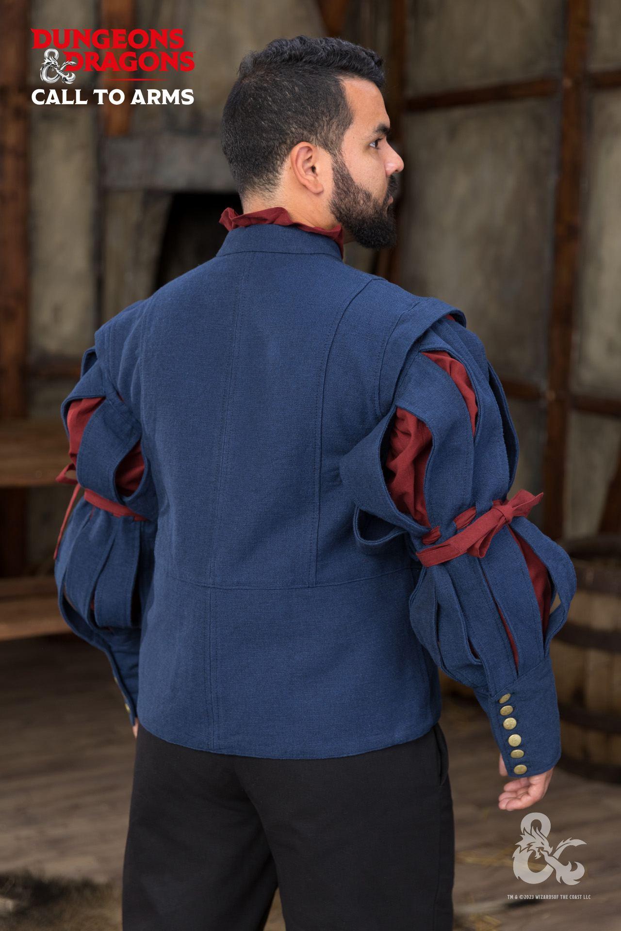 Dungeons & Dragons Bard Jerkin in blue with stand-up collar and slitted sleeves, showcasing dramatic flair and sophistication.