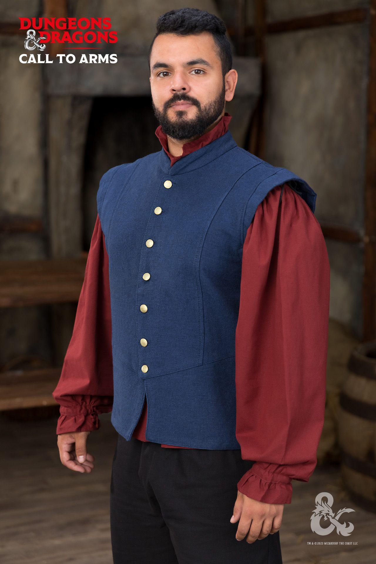 Dungeons & Dragons Bard Jerkin in blue with stand-up collar and slitted sleeves, showcasing dramatic flair and sophistication.
