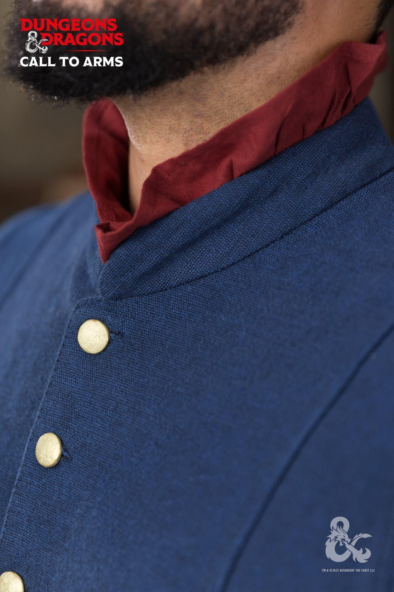 Dungeons & Dragons Bard Jerkin in blue with stand-up collar and slitted sleeves, showcasing dramatic flair and sophistication.