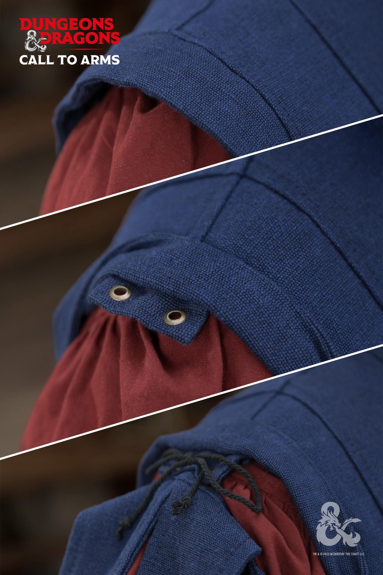 Dungeons & Dragons Bard Jerkin in blue with stand-up collar and slitted sleeves, showcasing dramatic flair and sophistication.