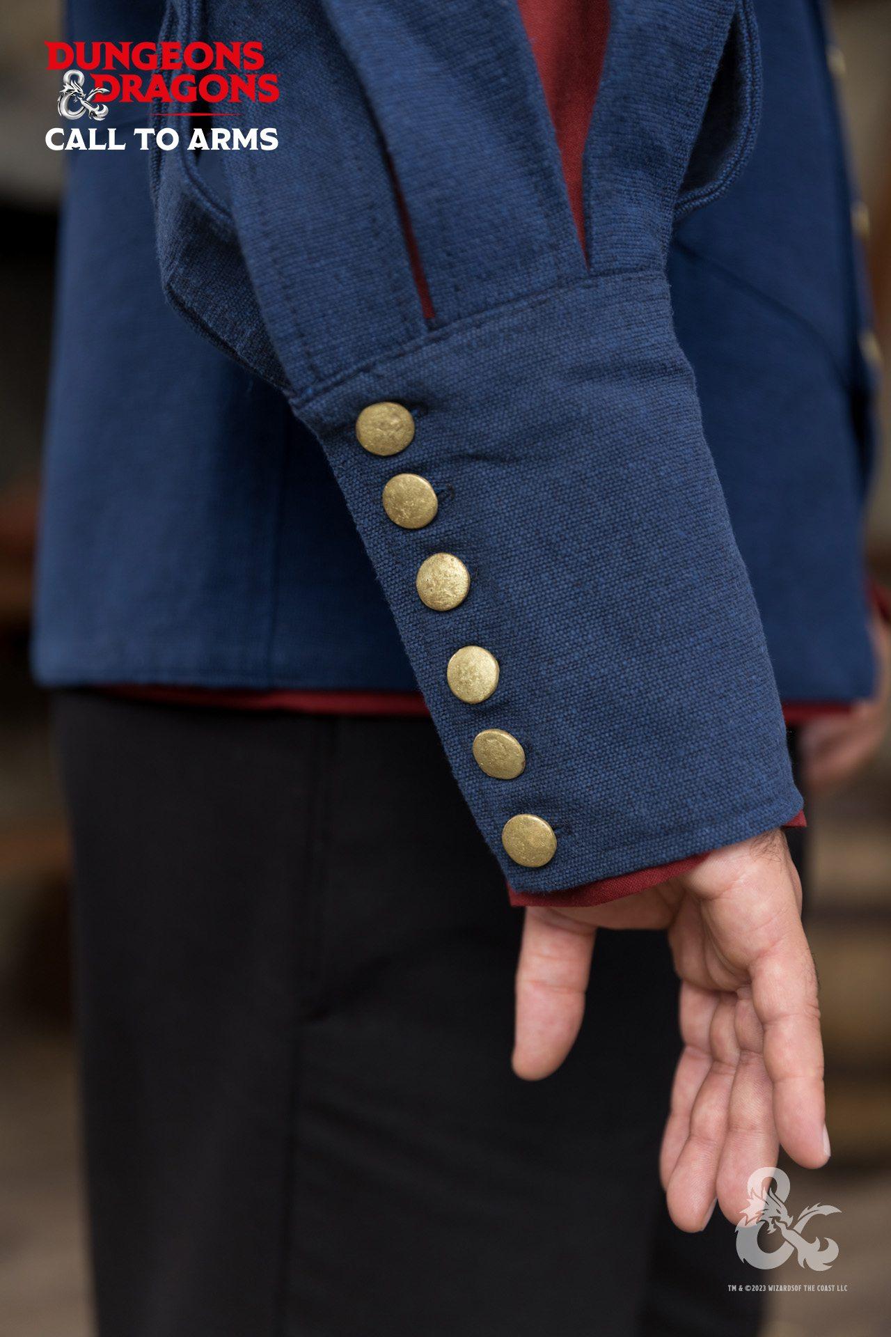 Dungeons & Dragons Bard Jerkin in blue with stand-up collar and slitted sleeves, showcasing dramatic flair and sophistication.