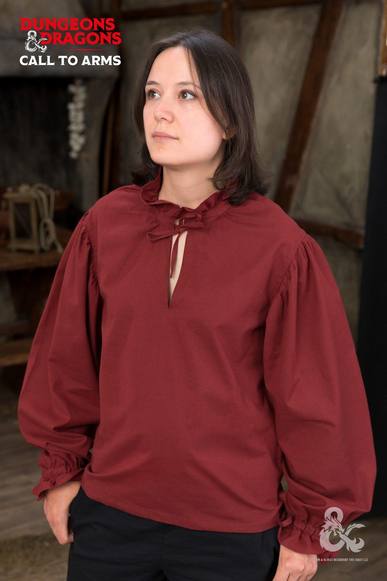 Dungeons & Dragons Bard Shirt in red featuring gathered collar and wide sleeves, perfect for performers and D&D enthusiasts.