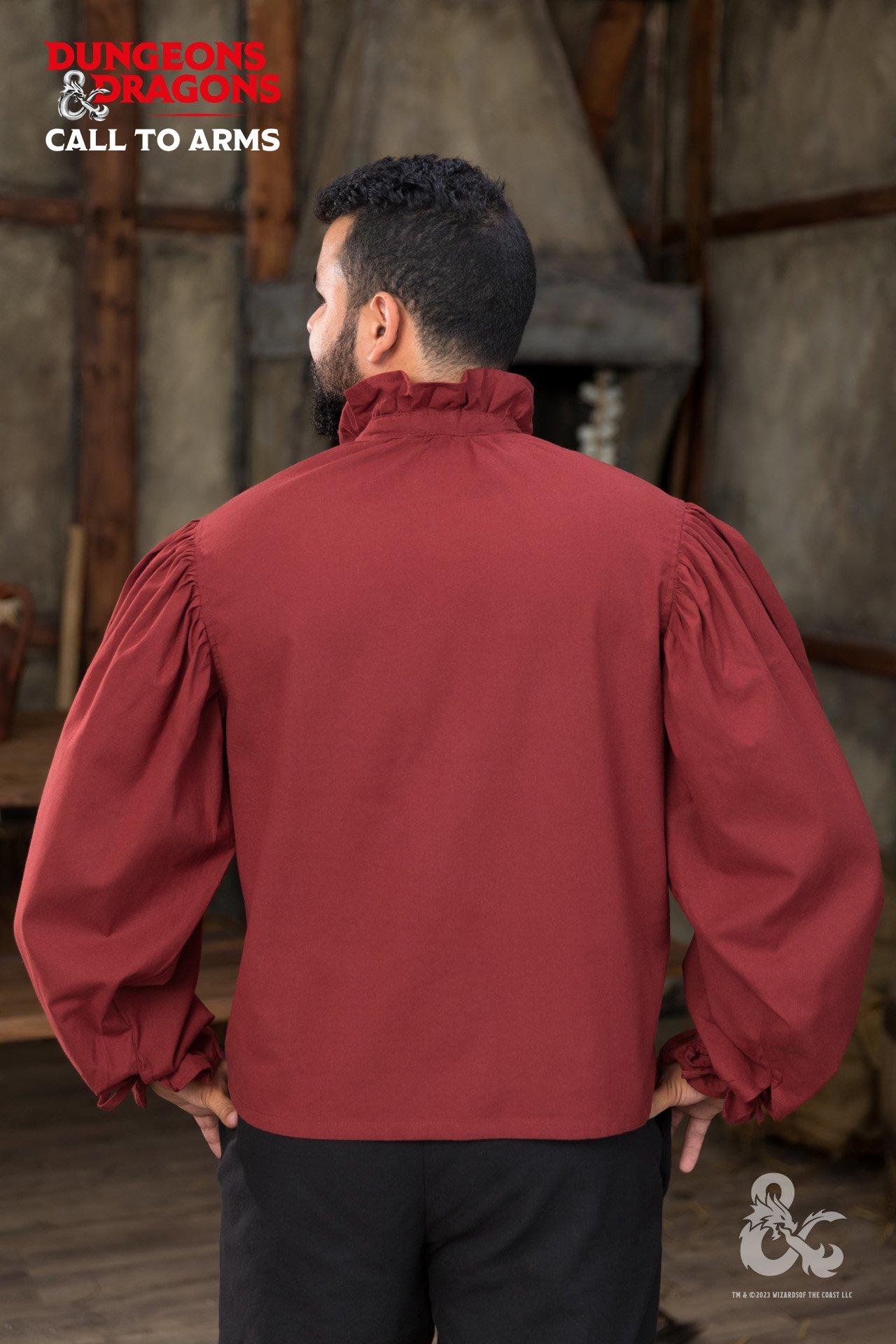 Dungeons & Dragons Bard Shirt in red featuring gathered collar and wide sleeves, perfect for performers and D&D enthusiasts.