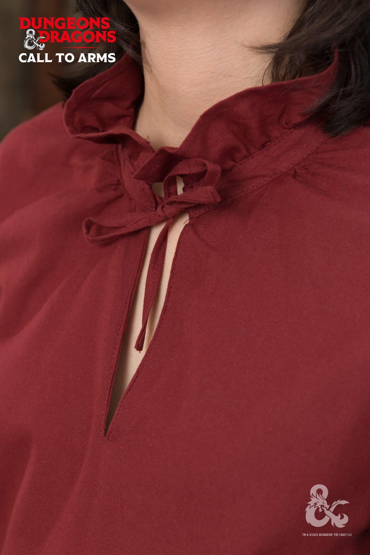 Dungeons & Dragons Bard Shirt in red featuring gathered collar and wide sleeves, perfect for performers and D&D enthusiasts.