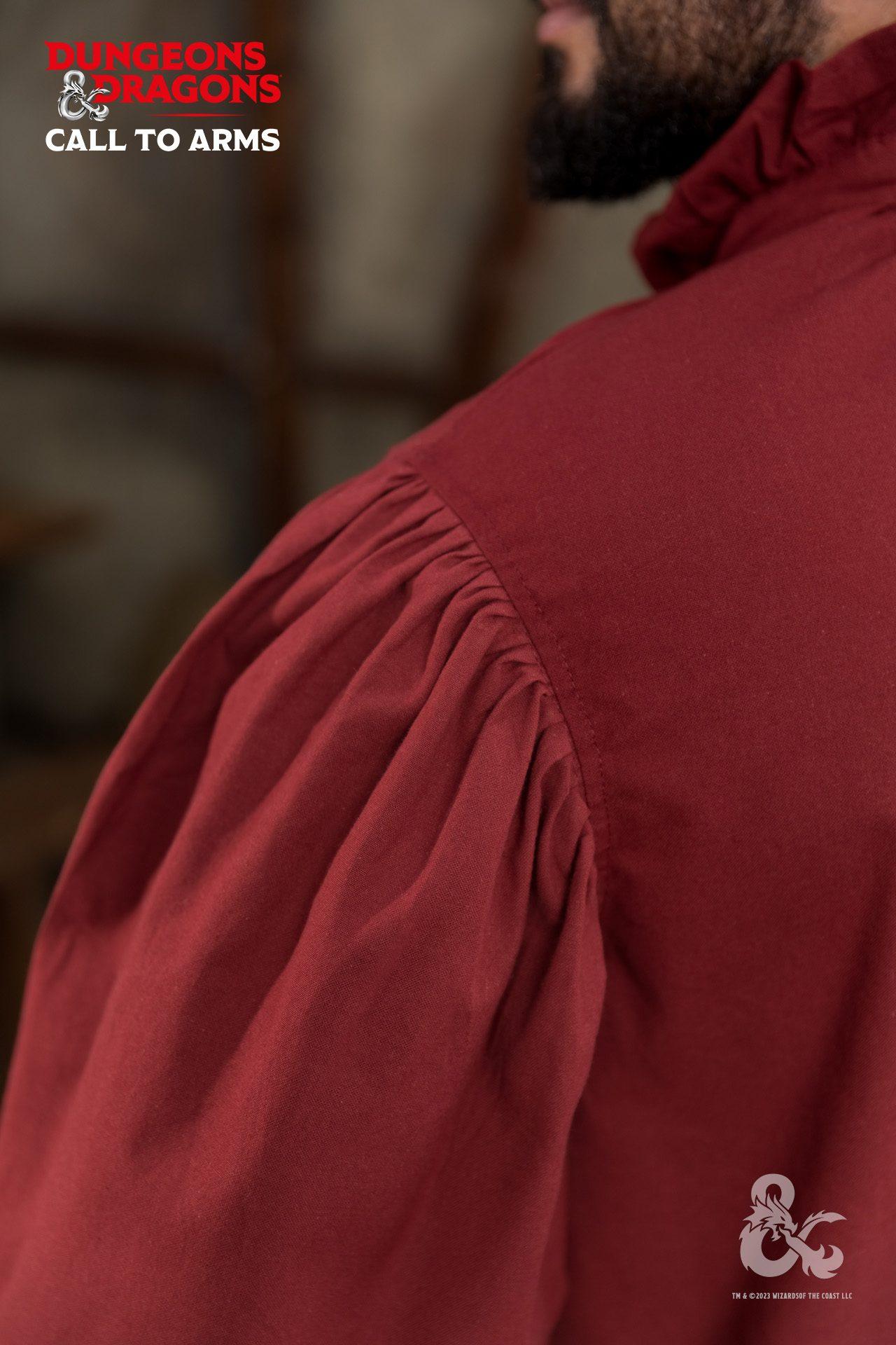Dungeons & Dragons Bard Shirt in red featuring gathered collar and wide sleeves, perfect for performers and D&D enthusiasts.