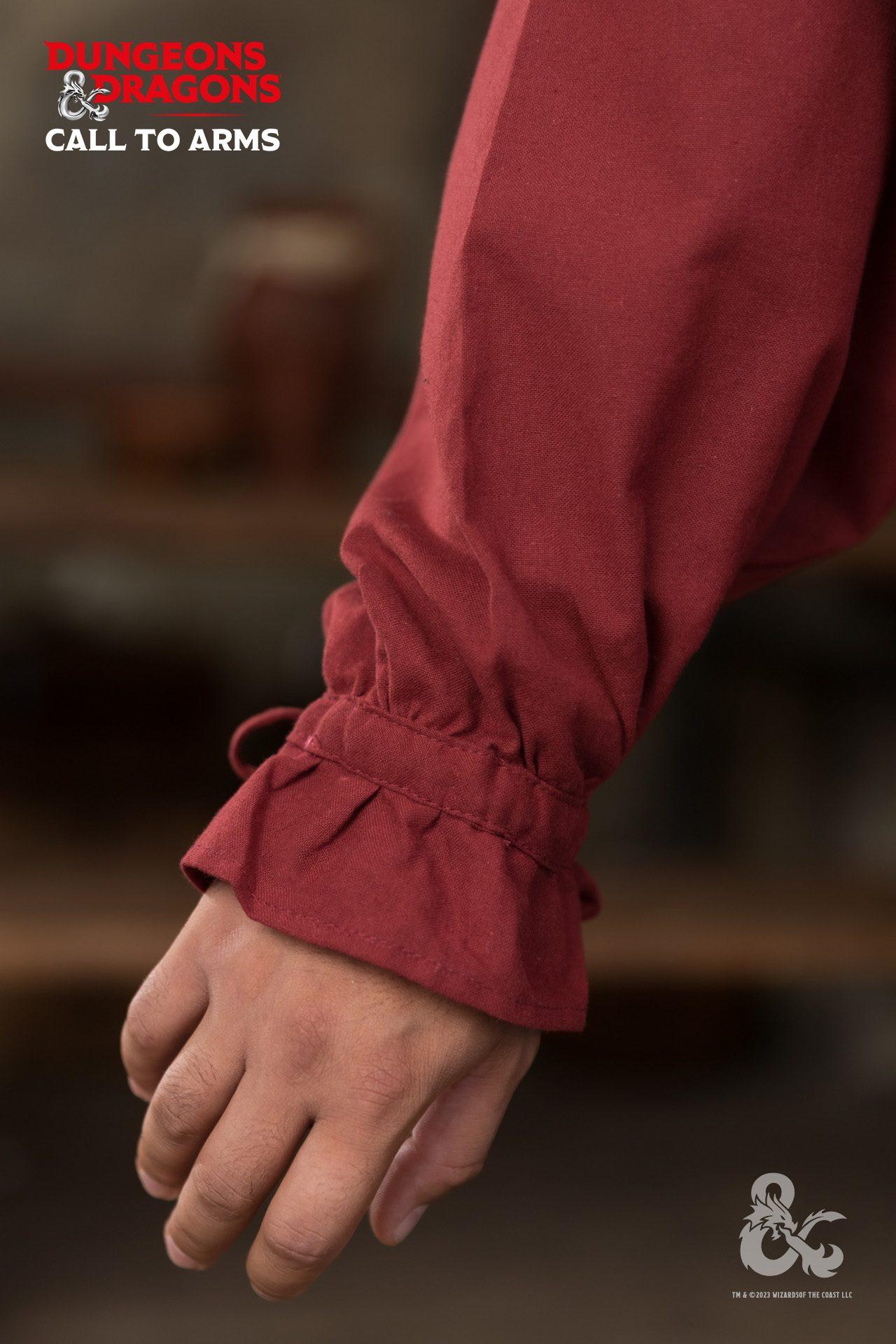 Dungeons & Dragons Bard Shirt in red featuring gathered collar and wide sleeves, perfect for performers and D&D enthusiasts.