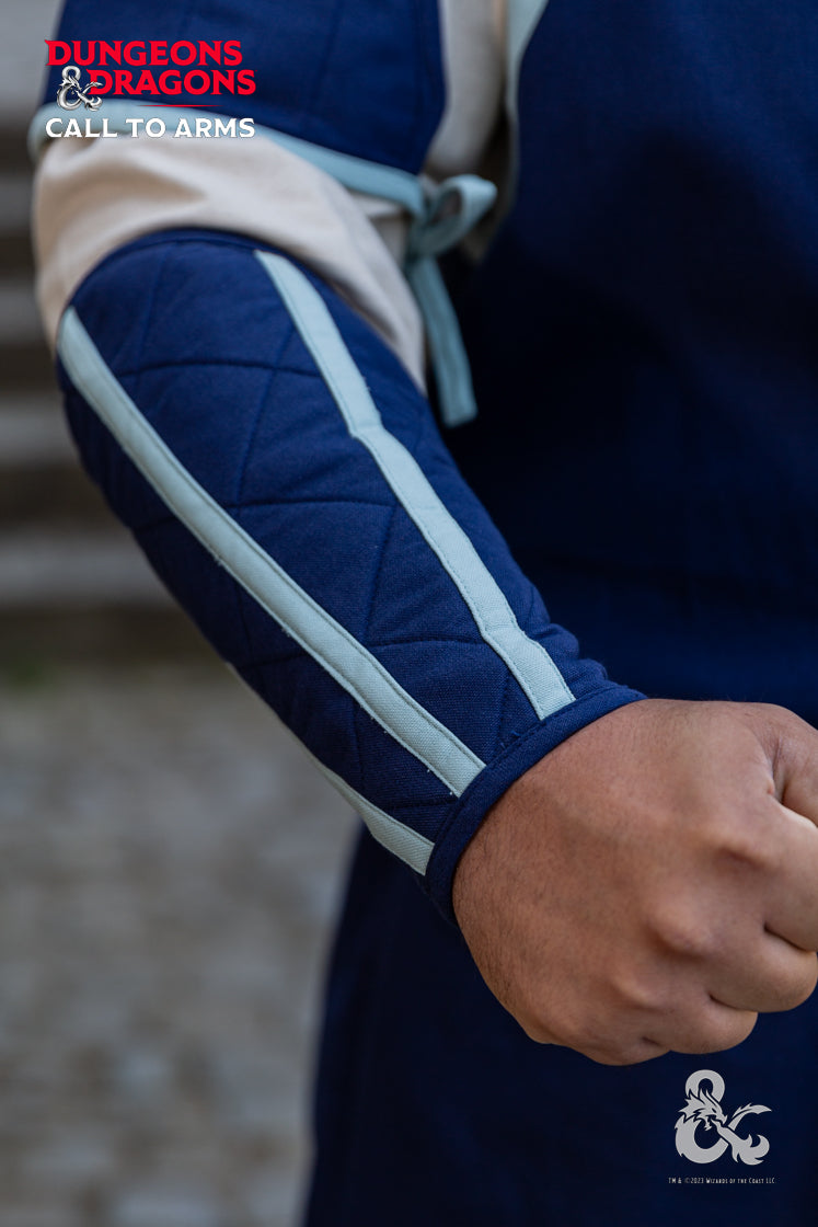 Dungeons & Dragons Cleric Bracers in blue and ice blue with contrast stripes, quilted design, and internal lacing for secure fit.
