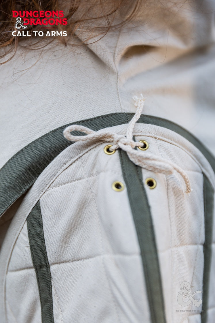 Dungeons & Dragons Cleric Shoulder Guards in Natural/Seaweed color, featuring padded quilted fabric and stylish contrast strips.