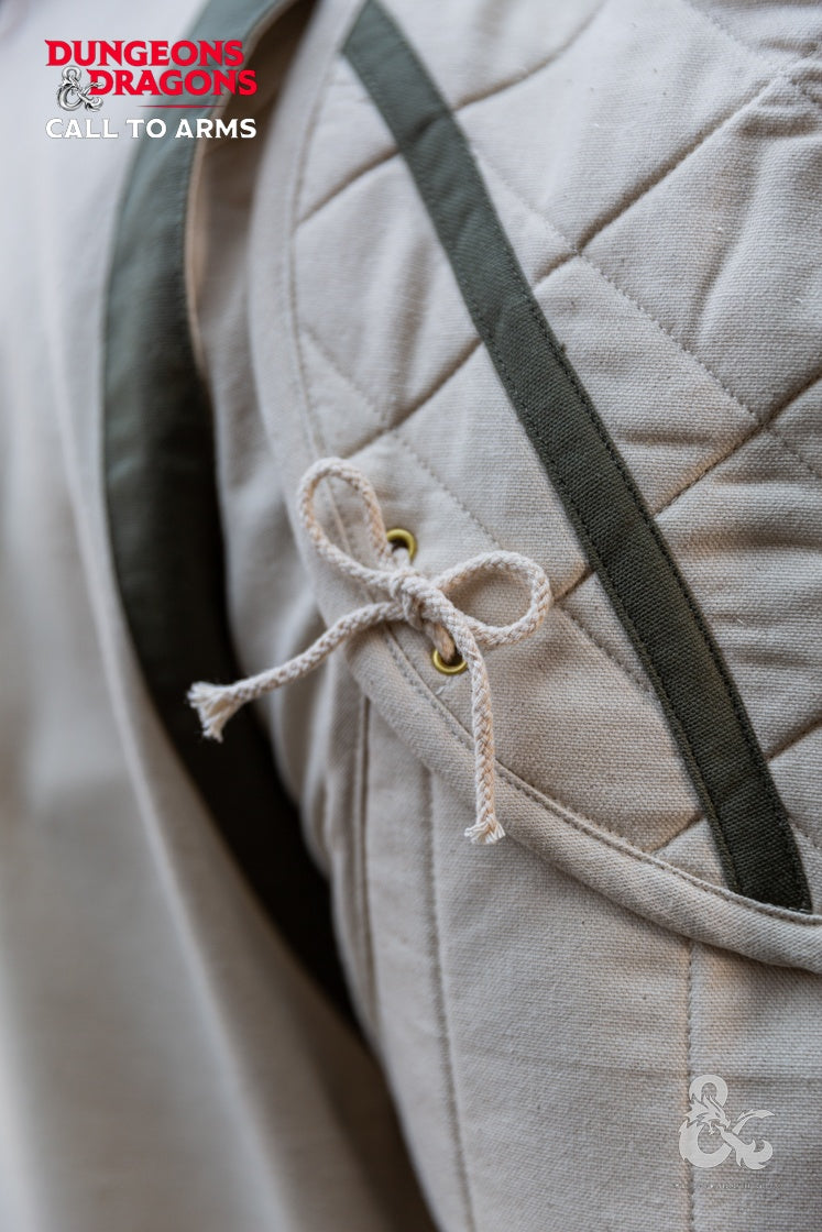 Dungeons & Dragons Cleric Shoulder Guards in Natural/Seaweed color, featuring padded quilted fabric and stylish contrast strips.