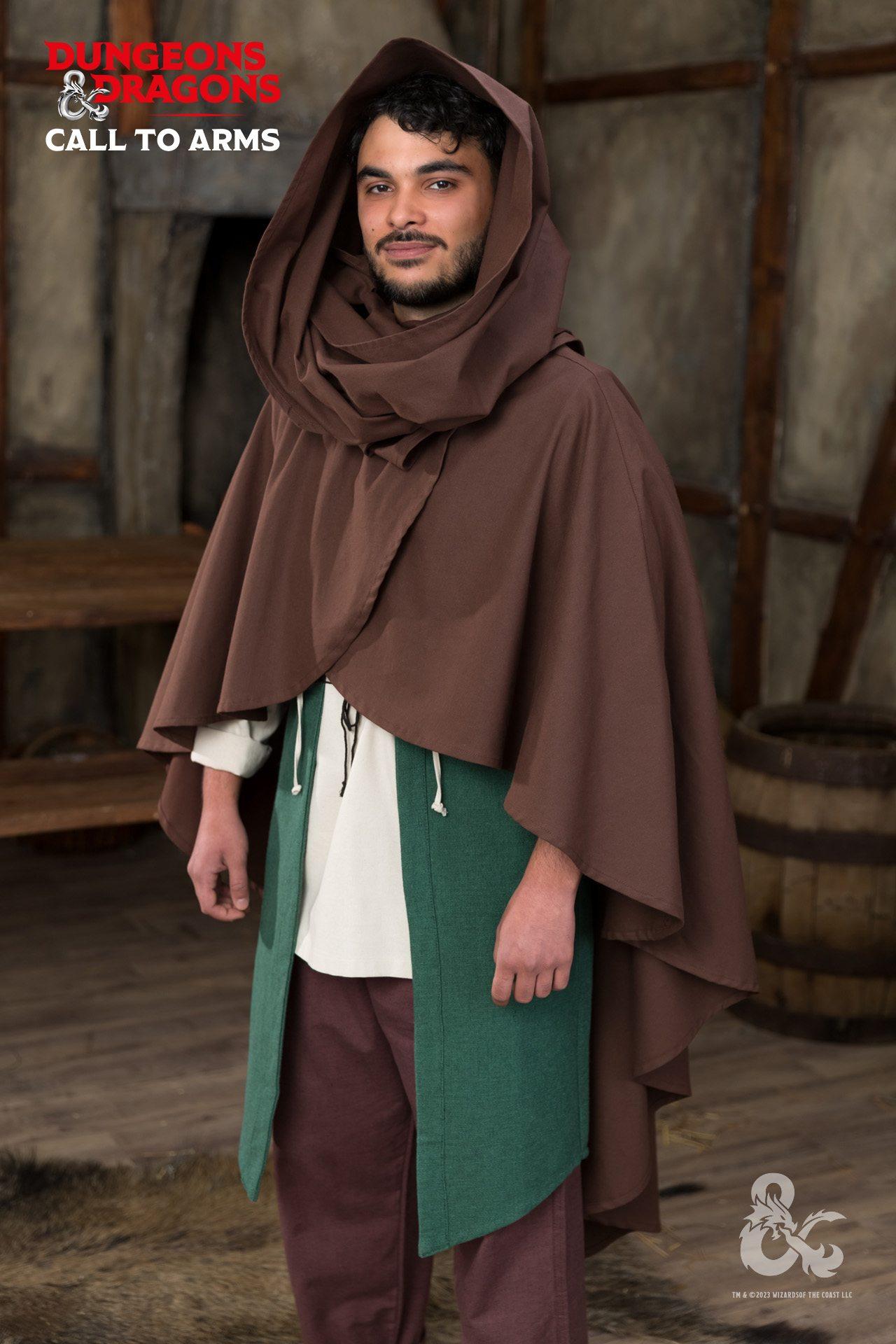 Brown Dungeons & Dragons Druid Cape with long-width scarf, designed for adventurers, showcasing a flowing silhouette.