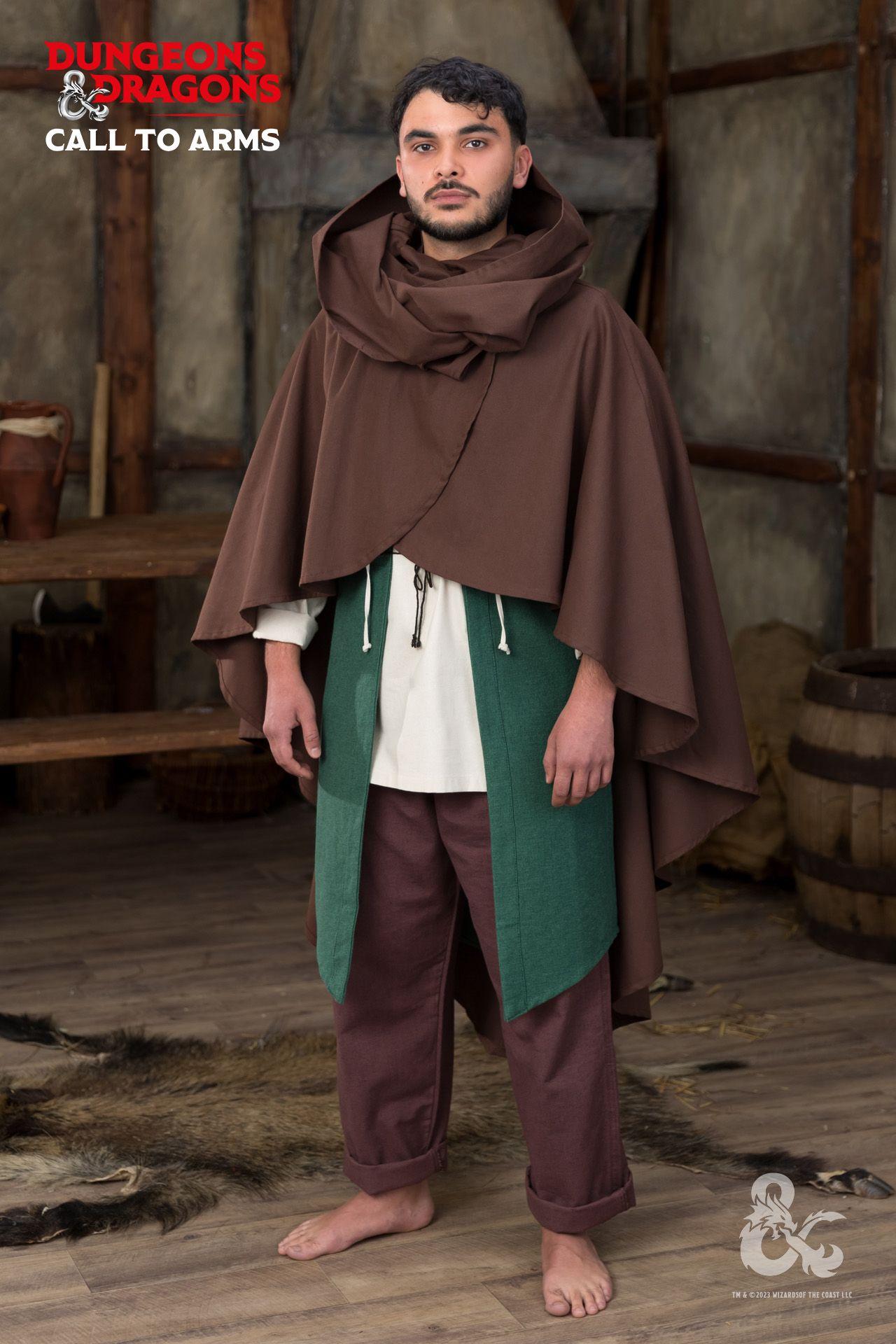 Brown Dungeons & Dragons Druid Cape with long-width scarf, designed for adventurers, showcasing a flowing silhouette.