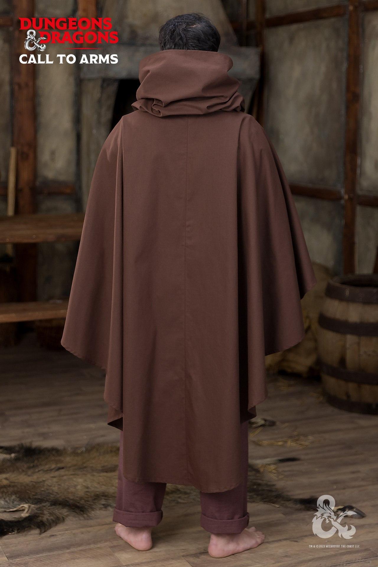 Brown Dungeons & Dragons Druid Cape with long-width scarf, designed for adventurers, showcasing a flowing silhouette.
