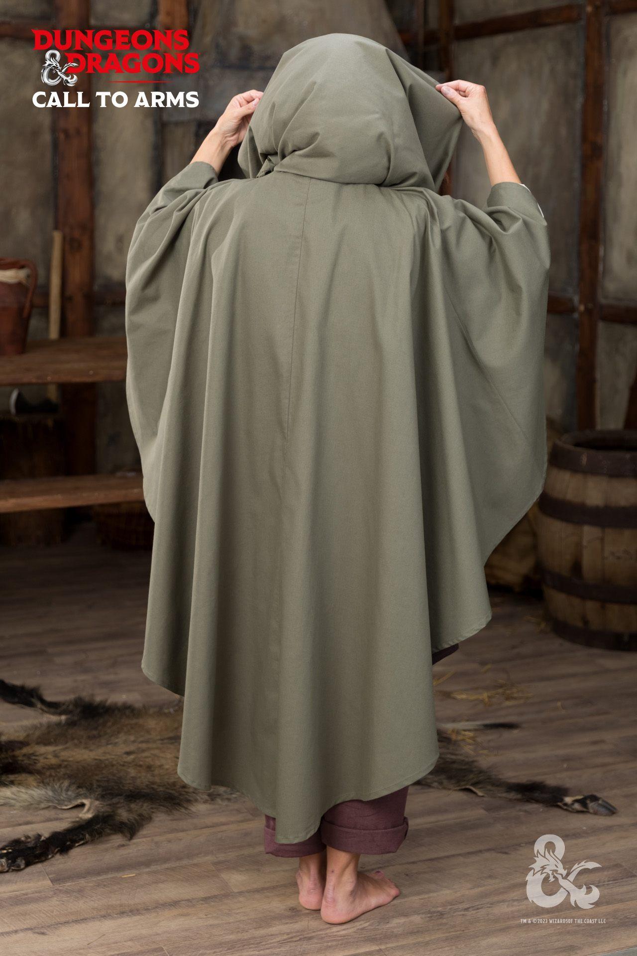 Dungeons & Dragons Druid Cape in Seaweed color, featuring a flowing design and attached scarf, perfect for adventurers and cosplay.