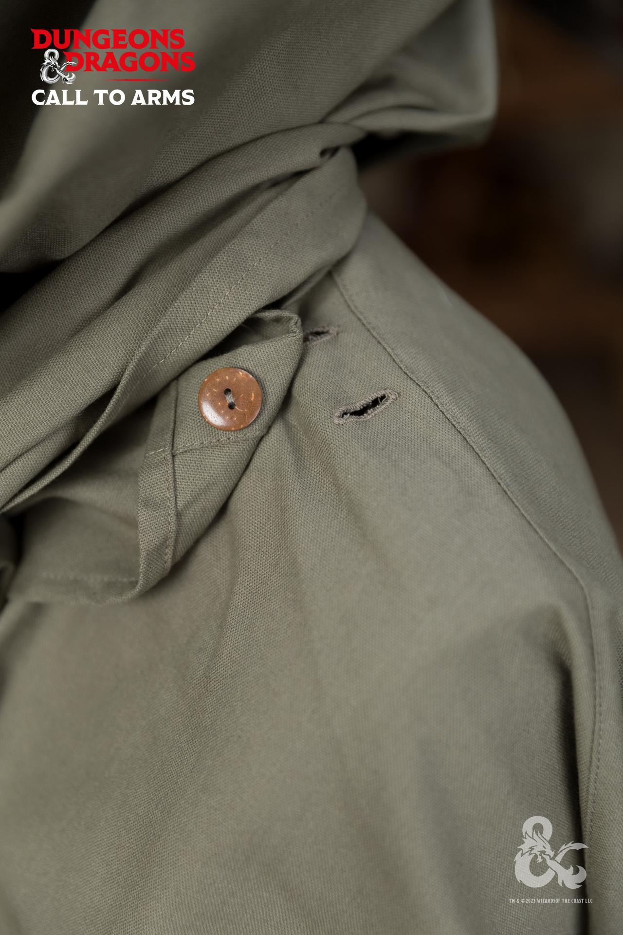 Dungeons & Dragons Druid Cape in Seaweed color, featuring a flowing design and attached scarf, perfect for adventurers and cosplay.