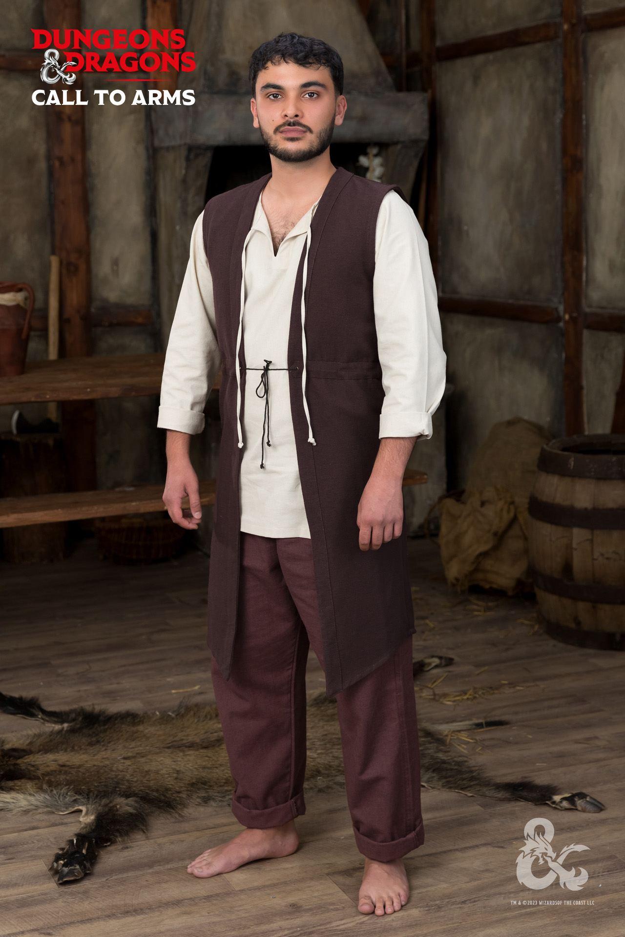 Brown Dungeons & Dragons Druid Long Vest with exquisite trim and adjustable drawstring waistband, perfect for role-playing.