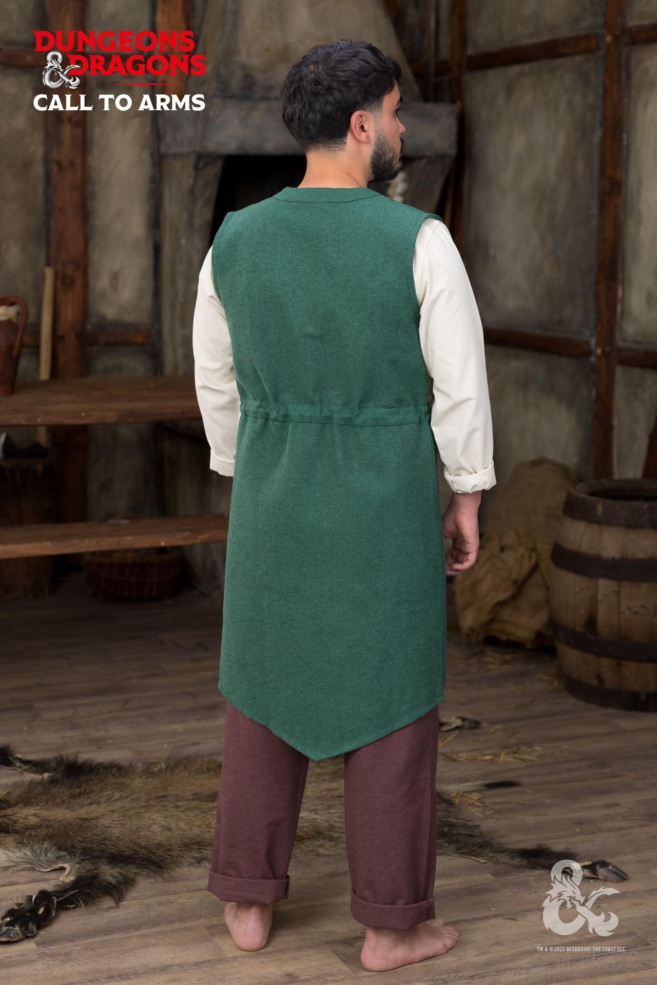 Dungeons & Dragons Druid Long Vest in green with exquisite trim and adjustable drawstring waistband, perfect for cosplay and gaming.