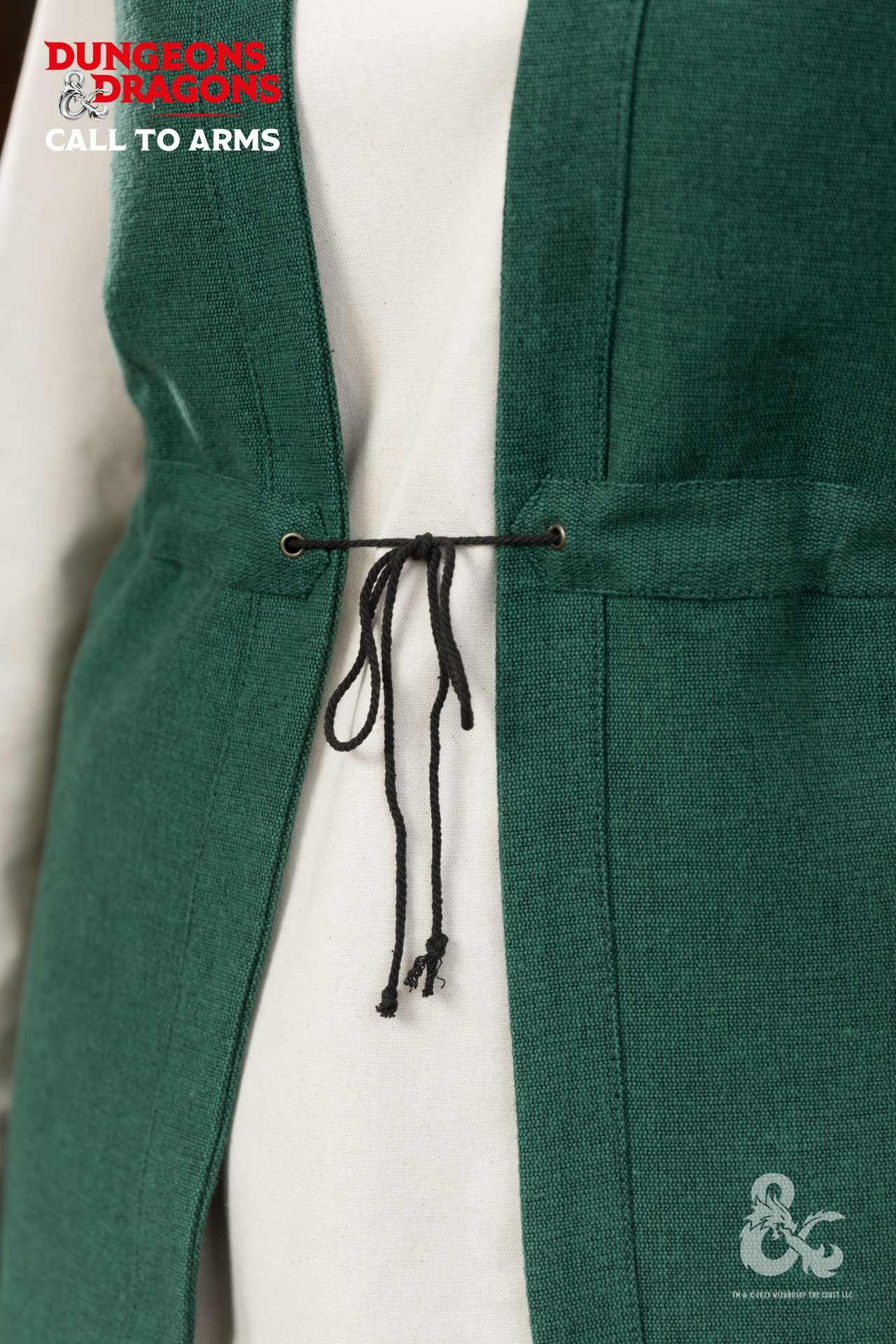 Dungeons & Dragons Druid Long Vest in green with exquisite trim and adjustable drawstring waistband, perfect for cosplay and gaming.